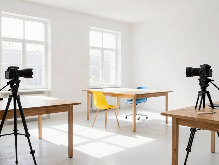 Bright sunlit creative design studio with white walls, large windows, oak tables, and professional cameras on tripods, high-key natural daylight