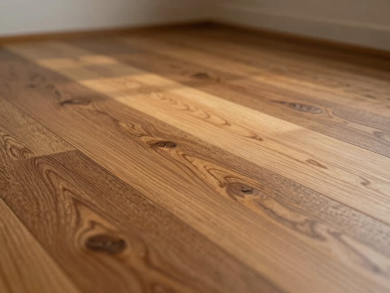 Close-up detail shot of engineered wood floor grain, warm amber and brown tones, soft north-facing daylight raking across the surface to reveal the texture and natural grain pattern, empty room corner visible in background, no people, tight macro framing, landscape aspect