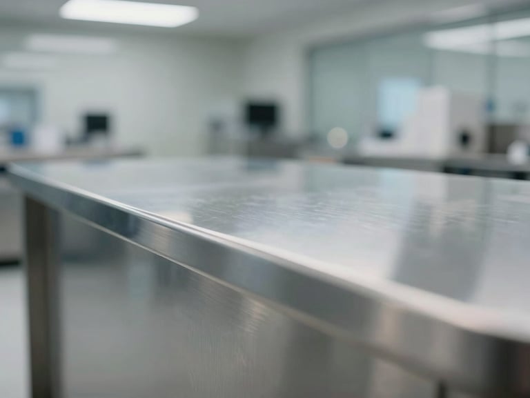 Close-up of a clean, polished stainless steel surface reflecting soft clinical light in a modern corporate facility.