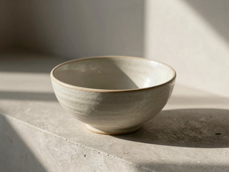 Soft morning light illuminating a textured handmade ceramic bowl resting on a minimalist concrete ledge, warm shadows