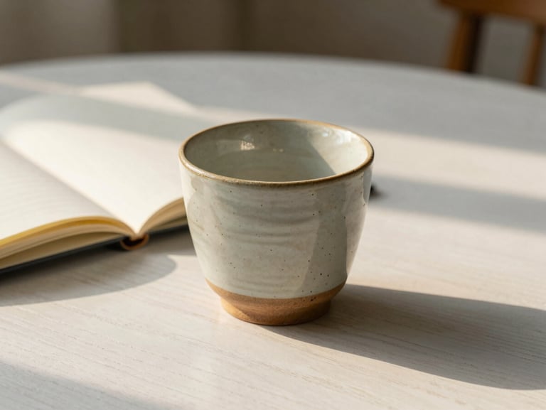 A close-up of a handmade ceramic cup next to an open notebook on a white oak table, bathed in soft afternoon golden hour light.