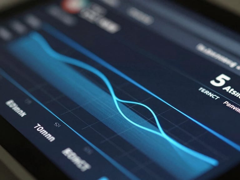 Macro crop of an interactive dashboard component with sharp data visualizations, electric blue lines, and minimal typography.
