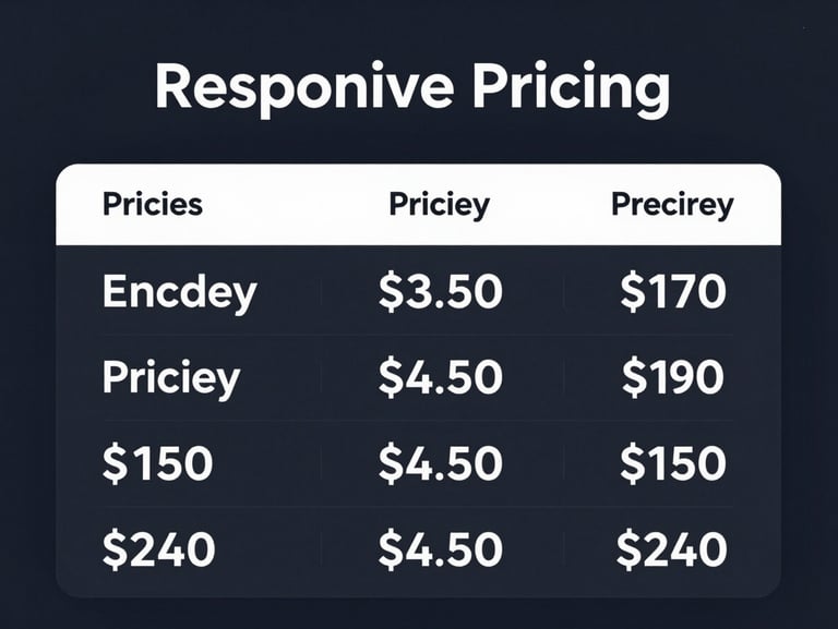 High-fidelity UI crop of a responsive pricing table with crisp white monospace text and high-contrast borders on an obsidian canvas.
