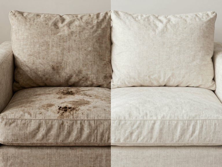 An elegant split-screen comparison showing a luxury beige linen sofa fabric, one half darkened with dust and water stains, the other half perfectly bright, clean and restored.