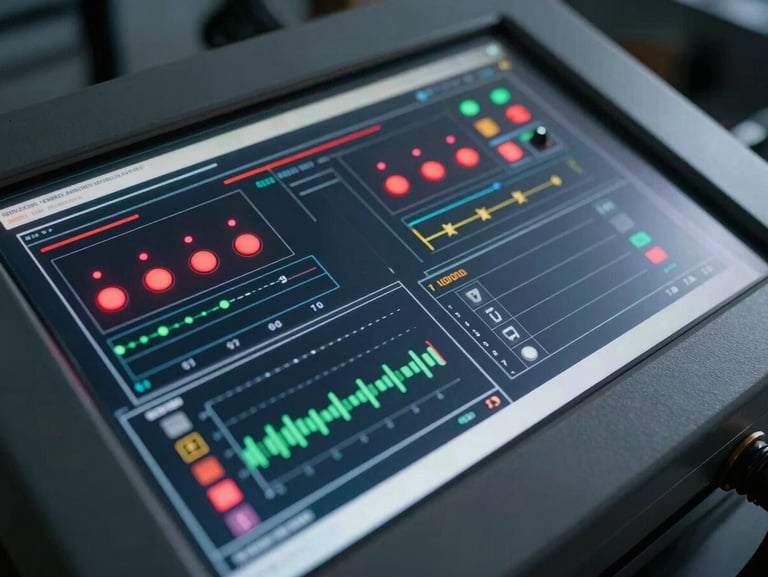 Close-up overhead framing of an industrial control dashboard screen displaying real-time safety metrics and field data charts, cool studio strobe lighting, dark panel surface, red indicator highlights visible on the screen interface, no text legible