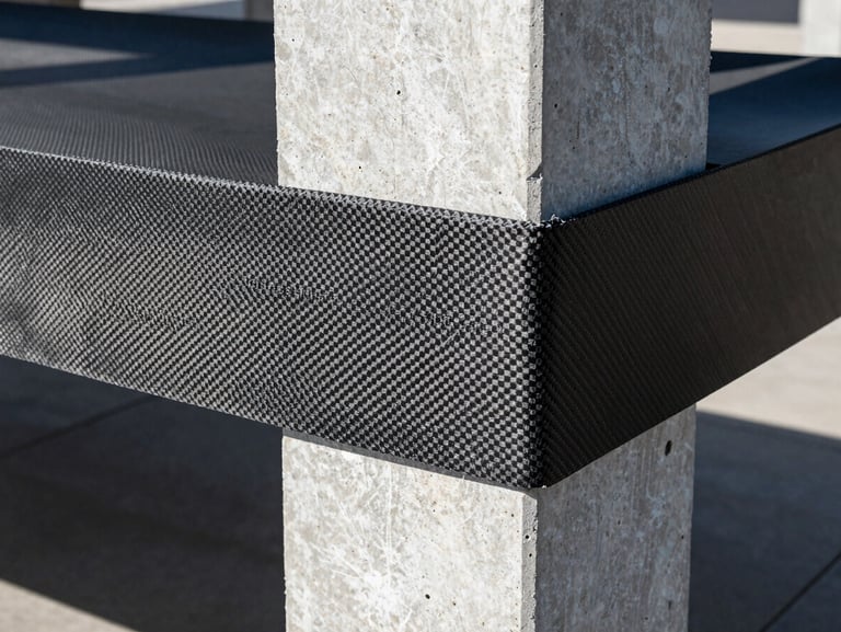 High-contrast close-up of carbon fiber fabric sheets being applied to a concrete column under high-intensity industrial lighting