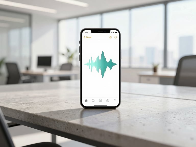 A minimalist smartphone screen showing a clean messaging waveform interface, resting on a polished concrete desk in a bright Dubai office, soft natural daylight, 35mm lens.