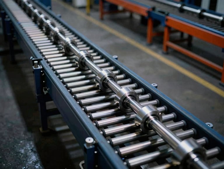 An overhead view of a clean, automated roller conveyor line moving heavy machined components through a factory floor, 35mm