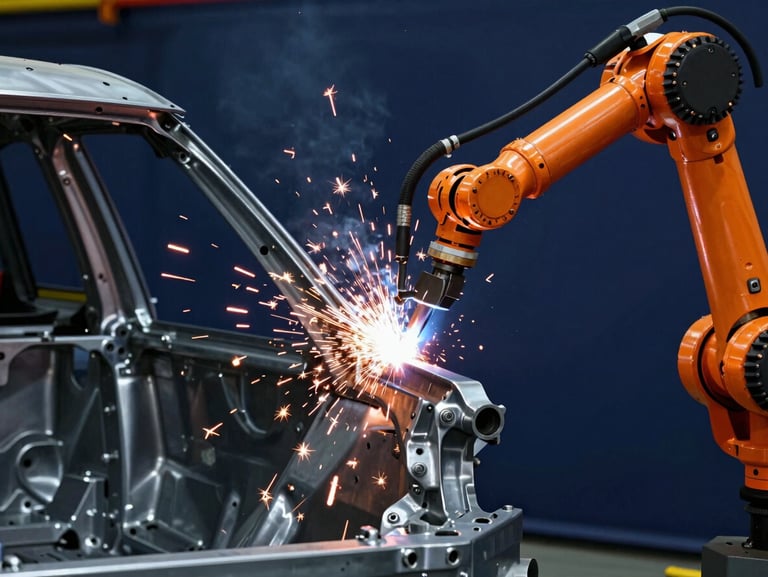Close-up of a robotic arm welding a steel automotive chassis, bright orange sparks, deep navy background, sharp focus, 35mm