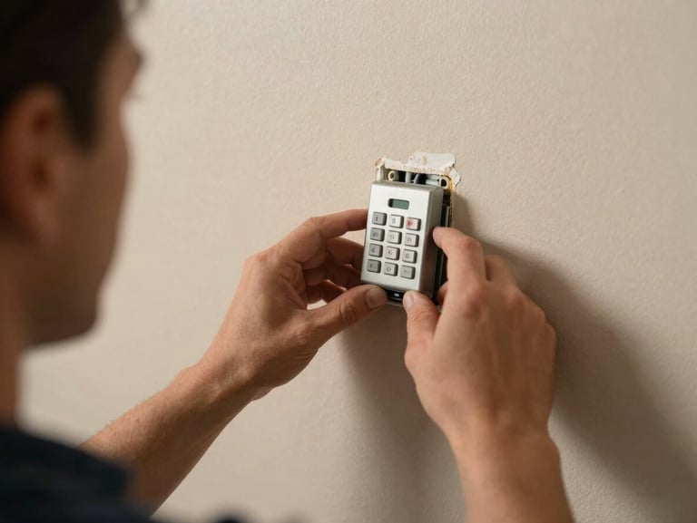Close-up over-the-shoulder shot of a technician's hands mounting a low-voltage keypad onto a finished wall, conduit visible at the edge, warm neutral wall surface, work light casting soft shadows, no staging