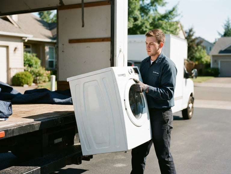 A professional team member in a neat uniform loading a clean washing machine into a truck, bright daylight, realistic documentary style, 35mm lens.