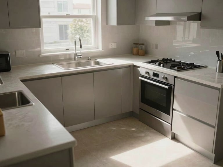Wide shot of the same kitchen after cleaning — counters bare and scrubbed, stovetop spotless, cabinet doors closed, sink gleaming under natural daylight from the window above, no items left on surfaces, floor visibly clean