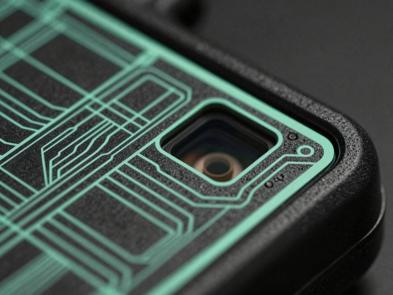 Macro close-up of a rugged handheld device showing a custom telemetry interface with crisp mint-green technical wireframe grids, low-key lighting