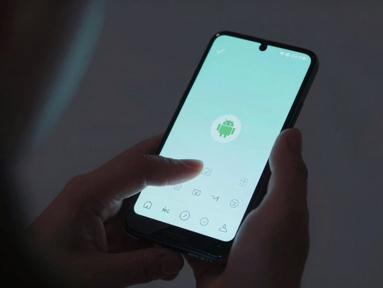 Macro over-the-shoulder shot of hands interacting with a custom Android launcher, showing a thumb comfortably reaching the bottom navigation bar, soft blue ambient glow