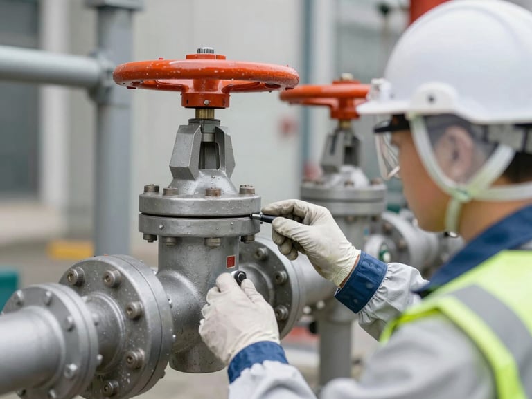 Crisp industrial photography of a technician in clean safety gear inspecting a fire prevention system valve, sharp focus, 35mm