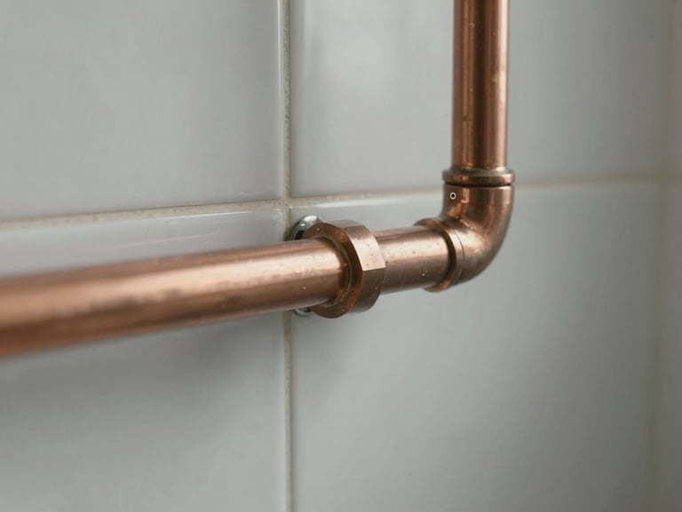 Macro photograph of newly run copper plumbing and precise tile joints in a modern, renovated bathroom, natural diffused daylight