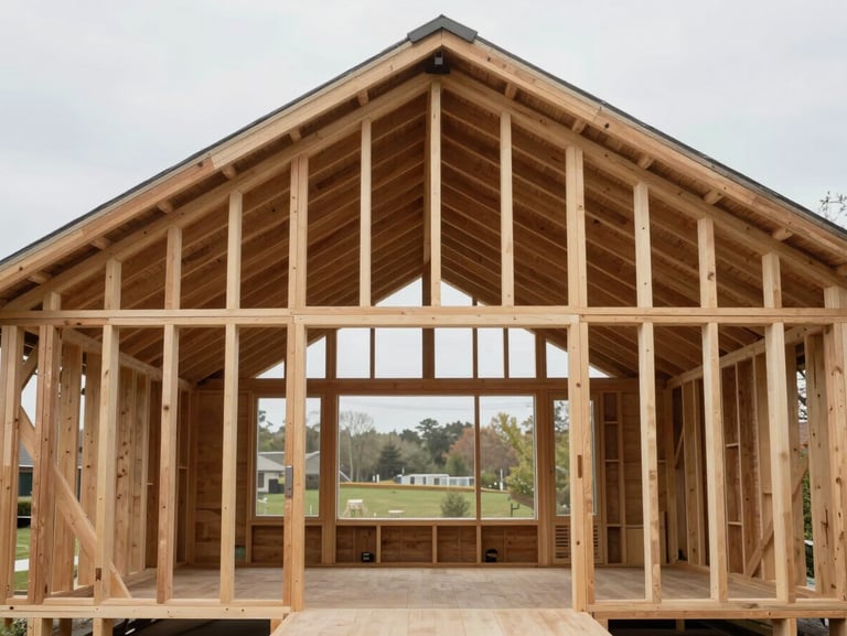 Straight-on architectural detail of a clean, structurally stabilized timber frame inside a renovated house, natural diffused daylight
