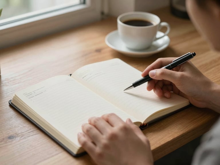 Creator's hands holding an open personal finance notebook on a wooden desk, a simple pen resting across the page, soft morning light from a nearby window, a cup of coffee blurred in the background