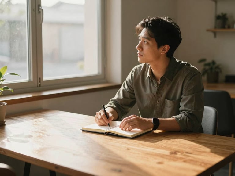 Wide shot of the creator seated at a low wooden table near a window, a small notebook open in front, afternoon golden light across the room, a plant visible at the left edge, relaxed and attentive posture
