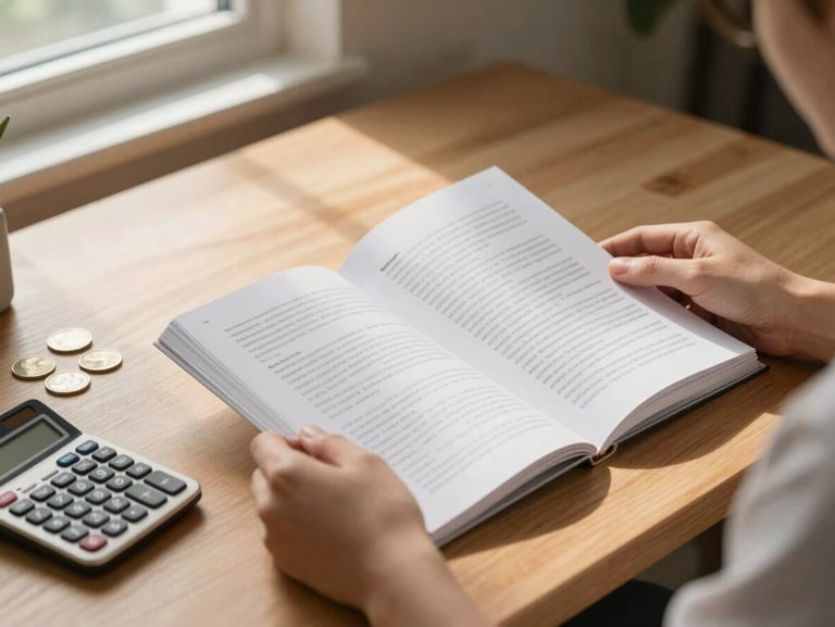 Hands holding a printed booklet open on a home desk, a simple calculator and a few coins nearby, warm afternoon light from a window, calm domestic setting