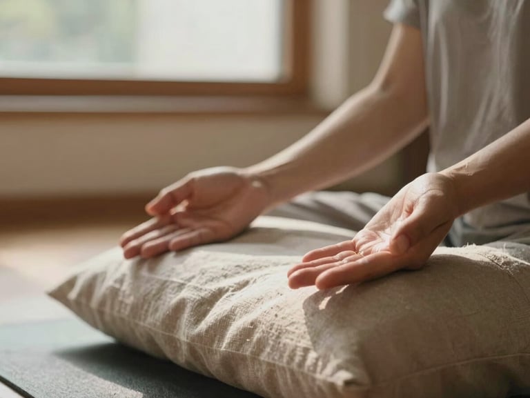Close-up of the creator's hands resting open on their knees during a seated meditation, warm natural window light falling across the fingers, a simple linen cushion beneath, calm domestic interior softly out of focus behind