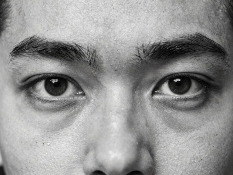 Extreme close-up of the same historical black and white portrait, meticulously restored, rich monochrome tones, sharp eye detail, no tears, 35mm macro.