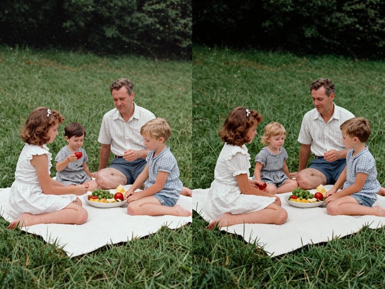 The same 1960 family picnic photograph, color-corrected, natural skin tones, vibrant green grass, dust and scratches completely removed.