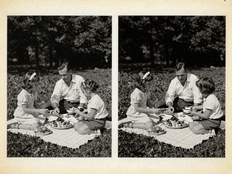 Faded, scratched color photograph from 1960 of a family picnic, yellowed chemistry, dust spots, high-contrast side-lighting.