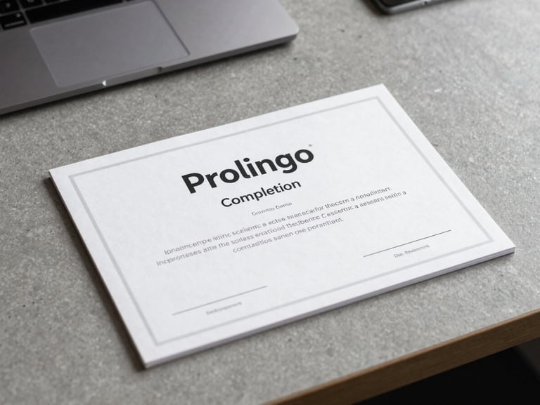 A clean, graphic mockup of a Prolingo completion certificate resting on a slate gray desk, crisp shadows, professional corporate editorial framing.