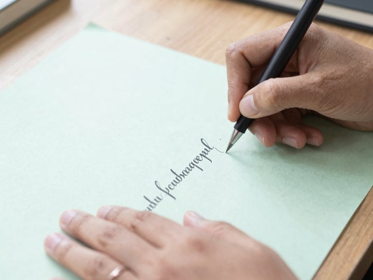 Close-up of hands writing Indonesian calligraphy on a wooden desk, bright natural morning light, shallow depth of field, 35mm