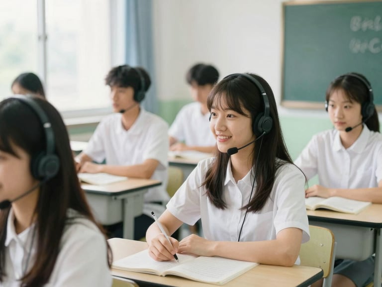 A student wearing a headset participating in an English language lab activity, smiling, bright modern classroom, soft daylight, 35mm