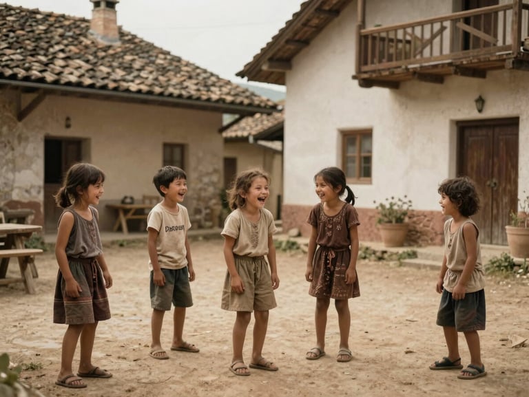 A candid, warm-toned photograph of children laughing in a rustic European village courtyard, unposed and natural.