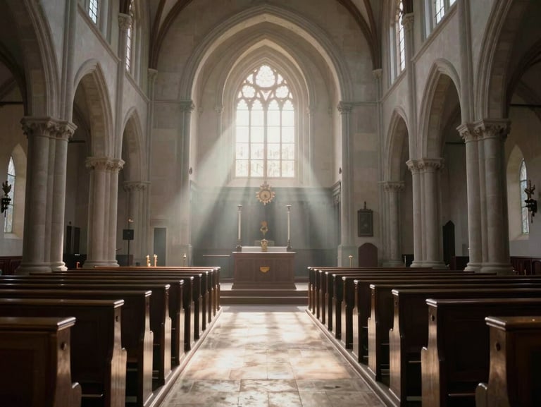 A wide environmental shot of a quiet church interior during early morning, soft shafts of light cutting through the stillness.