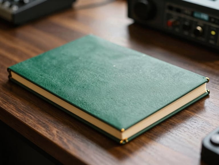 Close-up of high-quality recording equipment and gold-trimmed notebooks on a dark oak desk, warm natural studio light.