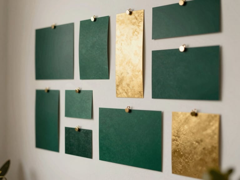 Elegant workspace planning with physical moodboards pinned to a studio wall, rich emerald and gold tones, shallow depth of field.