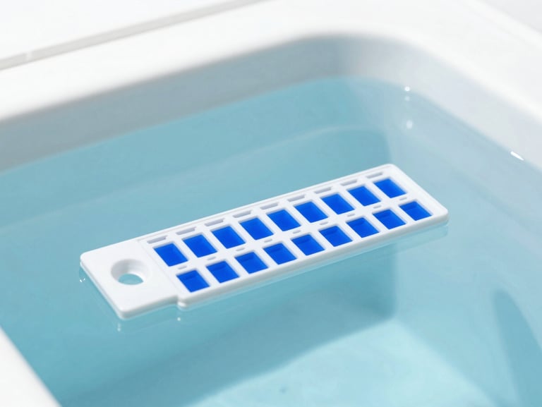 Close-up of clean pool water test kit with royal blue indicators under bright studio light, minimalist setup