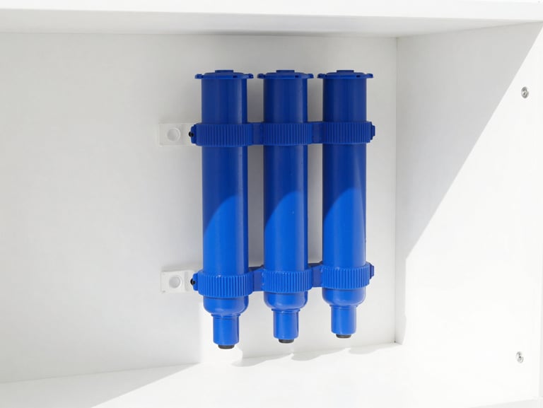 Minimalist modern pool filter system installed in a clean white utility room, sharp focus, high-key lighting