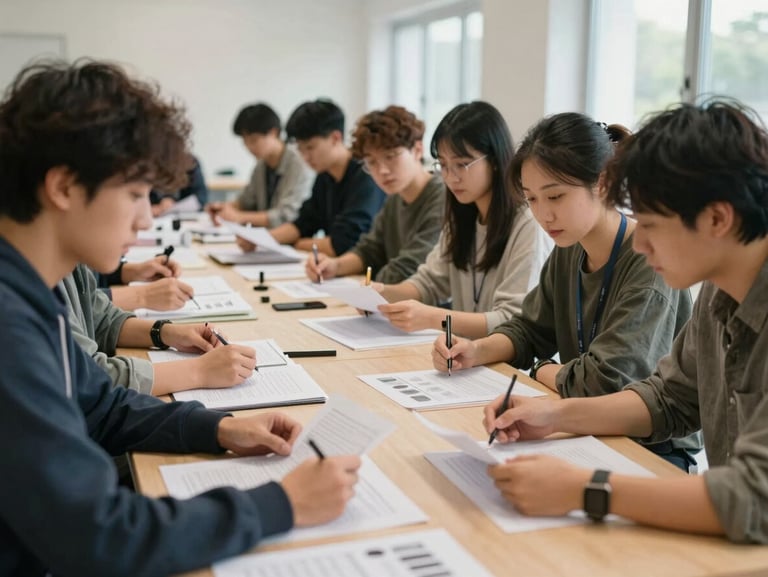 Wide environmental shot of a community workshop in progress, participants gathered around a table reviewing printed documents under soft indoor daylight, hands visible, no posed smiles
