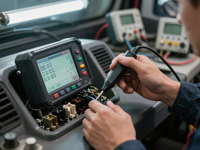Technician's hands holding a diagnostic probe against an ECM module connector on a truck dashboard panel, fault-code display showing all-clear status, cool fluorescent workshop light, cables and instruments in background