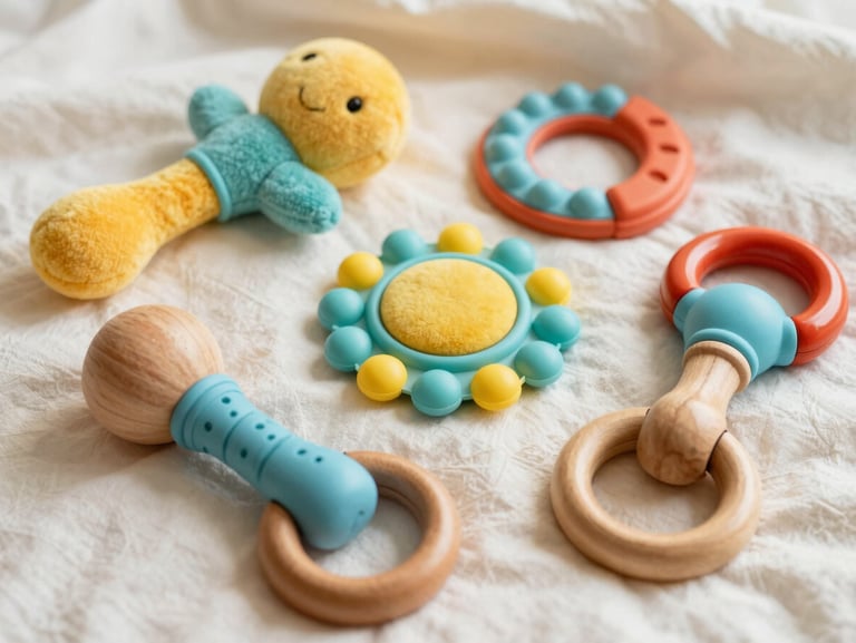 A flatlay of tactile sensory toys including a soft knit rattle and wooden grasping rings on a cream blanket