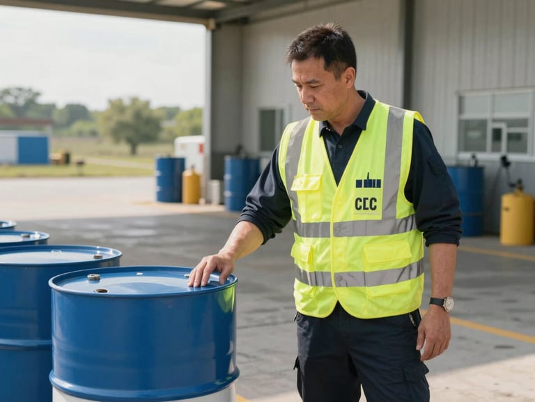 Medium environmental shot of an agent in a high-visibility vest inspecting a fuel drum at a depot, natural daylight from an open warehouse bay, industrial equipment visible in the background