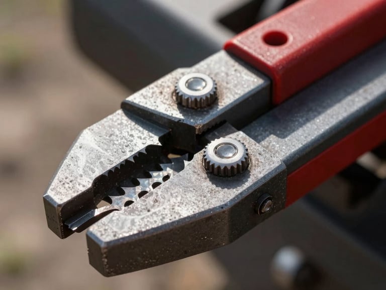 Close-up macro shot of the heavy-duty steel cutter bar of the Aklas harvester, metallic grey textures with sharp red accents, harsh midday sun reflecting off the blades.