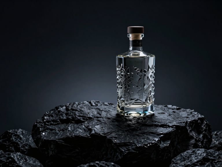 Cinematic editorial photography of a textured glass whiskey bottle on a rugged dark basalt rock, dramatic low-key lighting, deep shadows, misty atmosphere with subtle blue tone, 35mm anamorphic lens