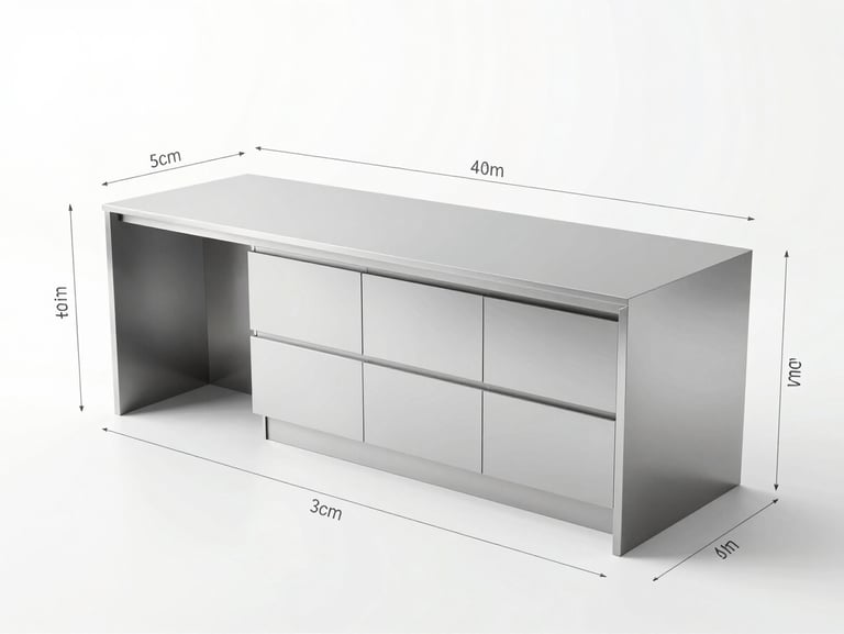 Technical CAD blueprint of a complex modular kitchen island with exact millimeter annotations, clean white background, crisp details