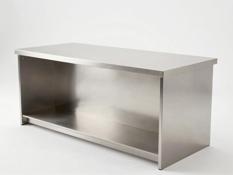 Finished installation of a modular stainless steel kitchen island matching the CAD blueprint, pristine clean surfaces, cool studio lighting