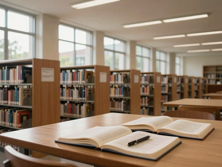 Wide shot of a school library interior under natural light, open shelving with organized book collections, a reading table in the foreground with open books and notebooks, no students, mid-morning light from tall windows