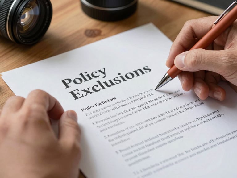 Close-up of hands highlighting policy exclusions on a printed document with a terracotta pen, warm daylight on a wooden desk.
