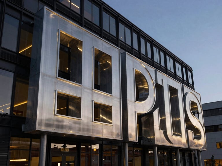 A massive outdoor totem sign at dusk, integrated into a modern commercial office landscape, illuminated steel and acrylic elements.