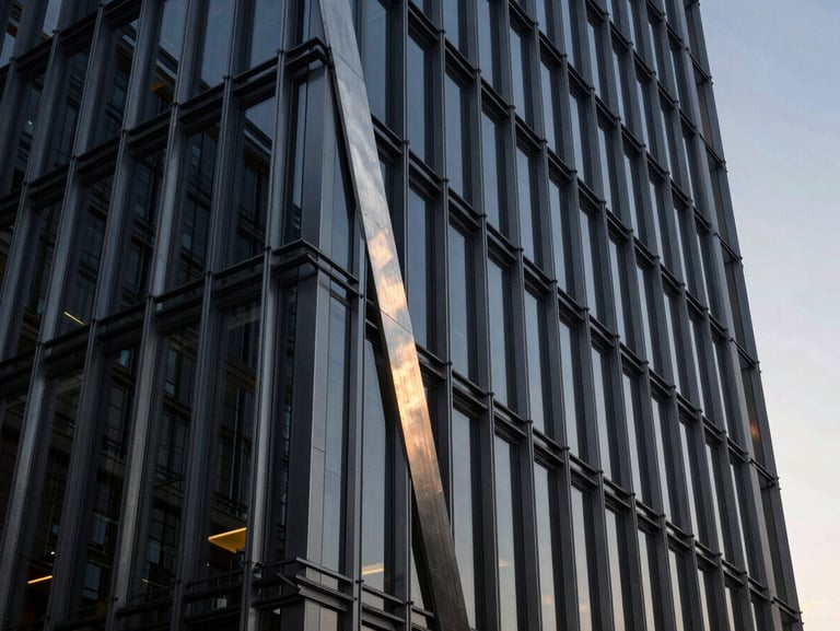 A towering 8-meter totem sign at a modern corporate headquarters, steel construction, sharp architectural angle, daylight