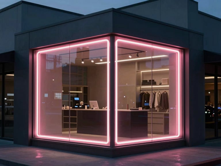 A dual-sided illuminated neon box on a clean retail storefront facade at dusk, vibrant glowing acrylic